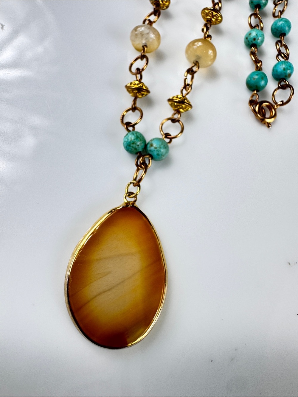 Handcrafted Turquoise Bead and Golden Agate Pendant Necklace - Picture 5 of 6